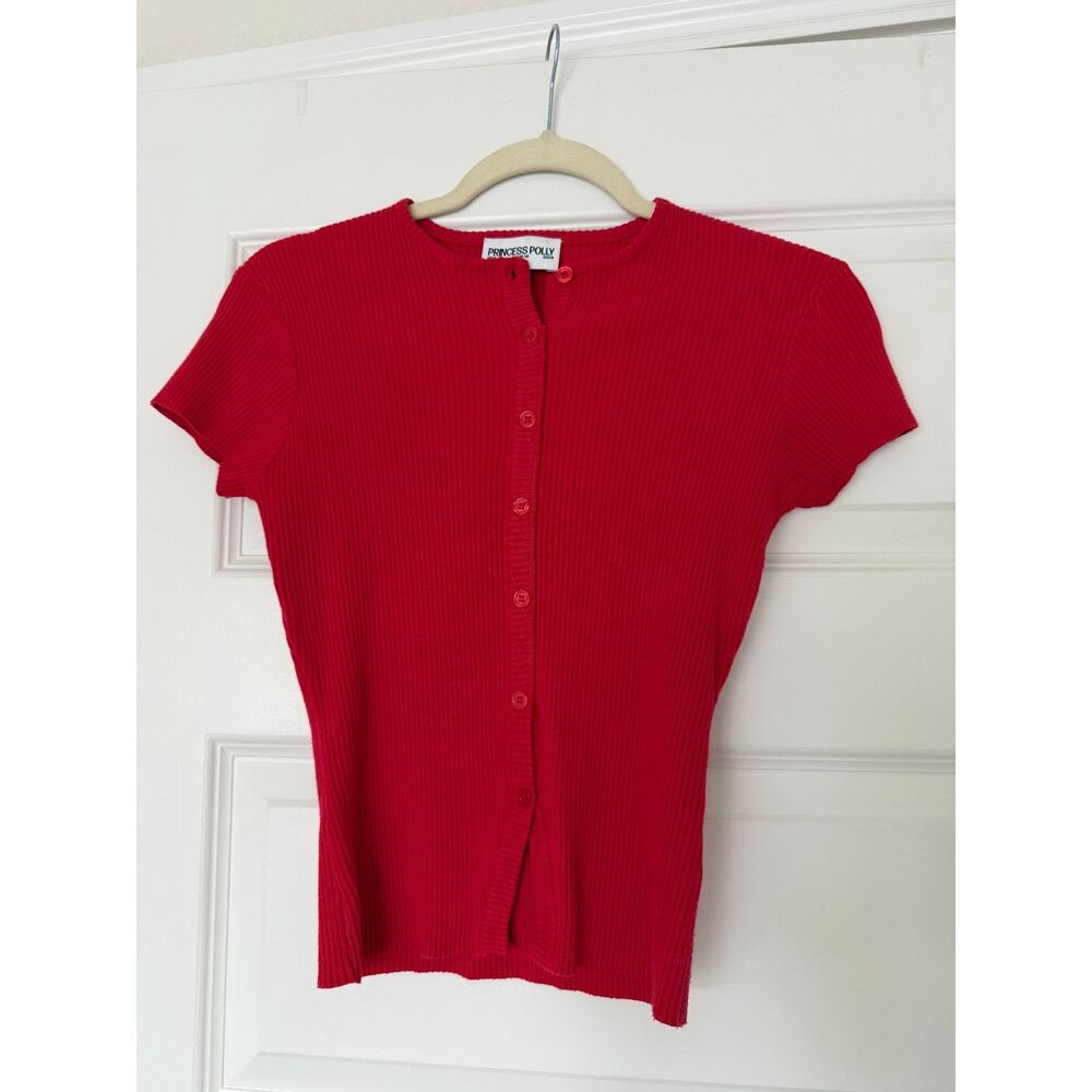 Princess Polly Red Ribbed Short Sleeve Sweater Top US 6